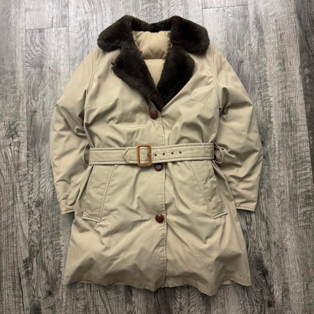 Vintage LL Bean Goose Down Trench Coat Jacket Fur Collar XS/S